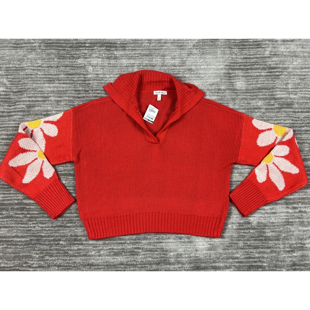 Derek Heart Sweater Womens L Red Floral V-Neck Collared Ribbed Knit Pullover